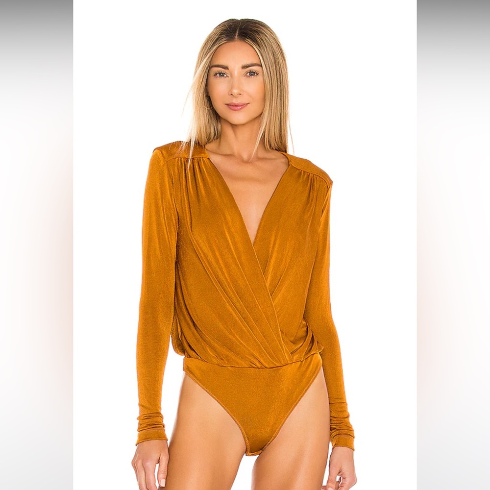 Free People Turnt Surplice-Neck Bodysuit Women's S orange Long Sleeves Pullover